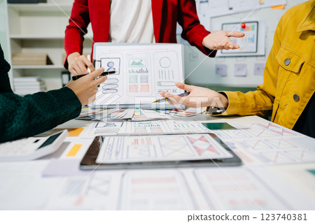 UX developer and ui designer brainstorming about mobile app interface wireframe design with customer breif 123740381