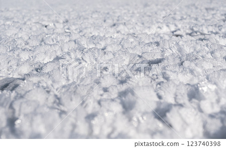 Crystal formations cover a frozen landscape during winter, showcasing intricate designs under bright sunlight. 123740398