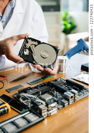 Technician repairing inside of hard disk drive by screwdriver. the concept of data, hardware, technician 123740433