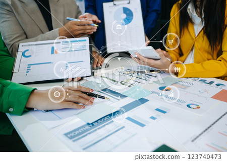 Working team meeting concept, business using laptop and smart phone and digital tablet computer with digital marketing media 123740473