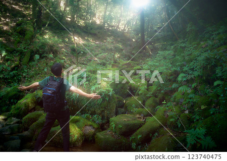Back view of a man taking a deep breath in the forest 123740475