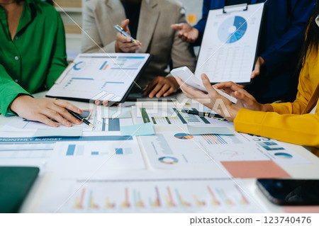 Business team collaboration discussing working analyzing with financial data and marketing growth report 123740476