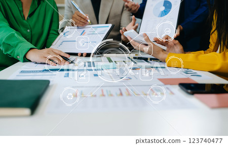 Working team meeting concept, business using laptop and smart phone and digital tablet computer with digital marketing media 123740477