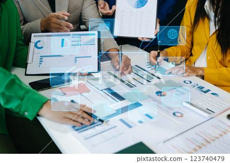 Working team meeting concept, business using laptop and smart phone and digital tablet computer with digital marketing media 123740479