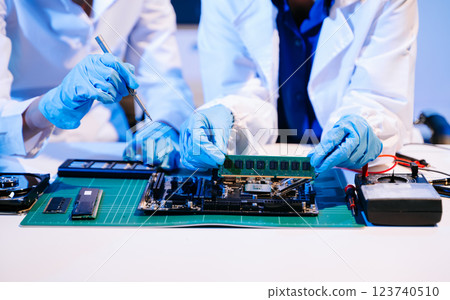 Electronics assembly and RAM installation with high-tech components. Ideal for showcasing advanced technology Electronics assembly and RAM installation with high-tech components. Ideal for showcasing advanced technology 123740510