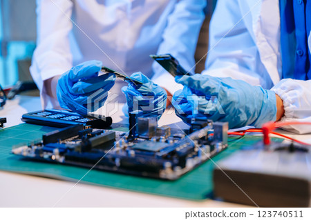 Electronics assembly and RAM installation with high-tech components. Ideal for showcasing advanced technology 123740511