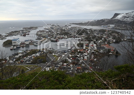 The town of Svolvaer seen from Svolvaer Gate in the Lofoten Islands, Norway 123740542
