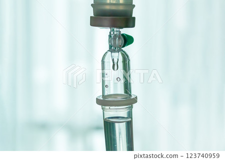 Close up medical intravenous IV drip in hospital background 123740959
