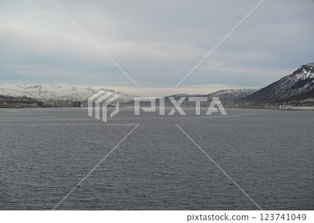 Tromso cityscape as seen from a ferry in Norway 123741049