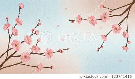 水彩風格梅花與淡天空背景 123741416