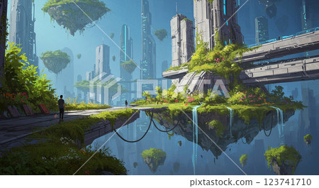 自然融入近未來的漂浮城市－賽博龐克景觀 123741710
