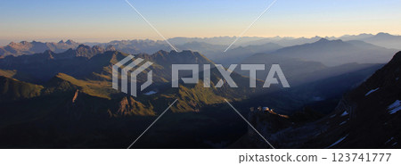 Saanenland valley at sunrise, view from Glacier 3000, Switzerland. 123741777