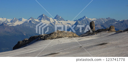 View from Glacier 3000, Switzerland. Diablerets Glacier and Quille Du Diable, distant view of the Matterhorn, Switzerland. View from Glacier 3000, Switzerland. Diablerets Glacier and Quille Du Diable, distant view of the Matterhorn, Switzerland. 123741778