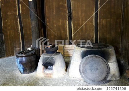 A stove in the dirt floor of an old house 123741806