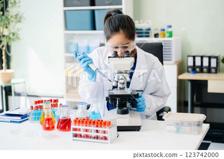 Scientists, beakers, and microscopes in cutting-edge research. Perfect for science and technology projects. 123742000