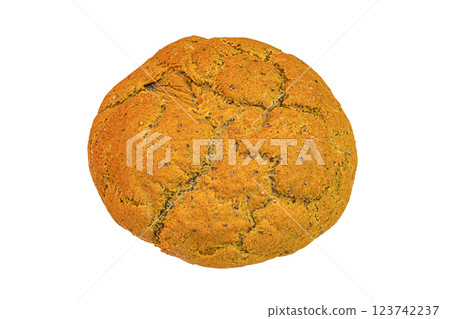 Whole round loaf of bread baked from rye and wheat flour yellow, orange isolated on a white, transparent background POV view. The concept of homemade baking according to old recipes 123742237