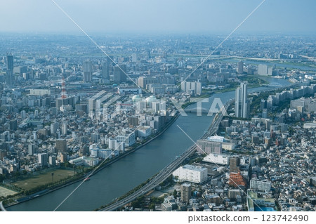 August 13 2024 - Tokyo, Japan : Tokyo Sky Tree during summer. Tokyo Sky Tree is one of the famous landmark in Tokyo. It is the tallest structure in world when built. 123742490