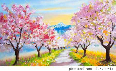 Watercolor illustration background of cherry blossom trees 123742615
