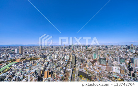日本東京城市景觀:澀谷、新宿、池袋和火車。晴朗的藍天和關東平原的山脈全景…包括男性山… 日本東京城市景觀:澀谷、新宿、池袋和火車。晴朗的藍天和關東平原的山脈全景…包括男性山… 123742704