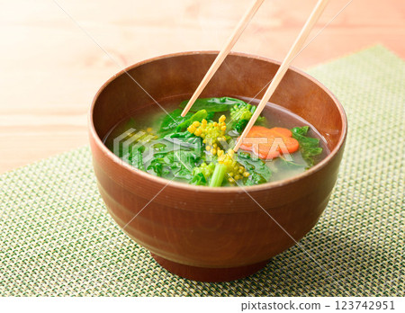 Spring Luxury: Rape Blossom Miso Soup 123742951
