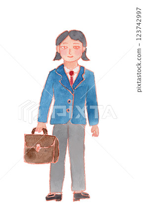 穿著制服、拿著袋子的女孩的水彩畫 123742997