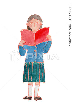 穿著制服的女孩在讀書的水彩插圖 123743000
