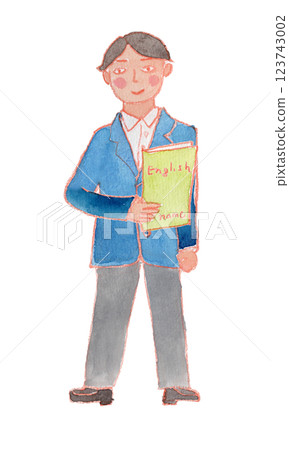 穿著制服的男孩拿著一本英文書的水彩插圖 123743002