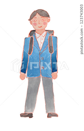 Watercolor illustration of a boy in uniform carrying a backpack 123743003