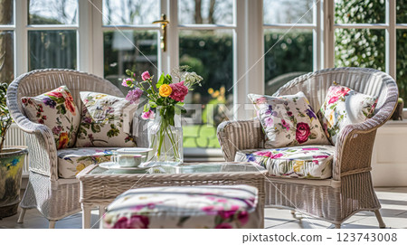 Colorful pillows on sofa against glass wall of window in a winter garden or conservatory. Interior textile concept. High quality photo 123743008