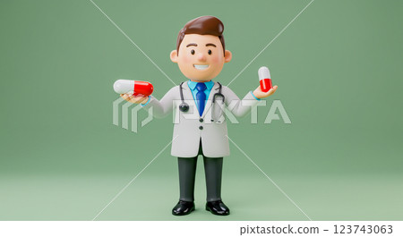 3D cartoon doctor character smiling and holding pills. Symbolizes medicine, medical treatment and health care. 123743063