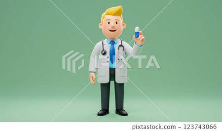 3D 卡通醫生角色微笑著拿著藥丸。象徵藥物、醫療和保健。 123743066