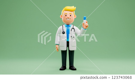 3D 卡通醫生角色微笑著拿著藥丸。象徵藥物、醫療和保健。 123743068