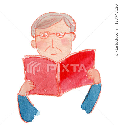 Watercolor illustration of a gray-haired man reading a book 123743120