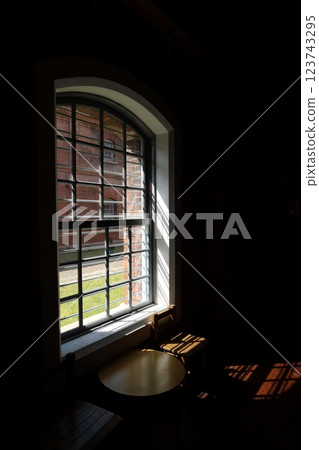 Red brick warehouse window Red brick warehouse window 123743295