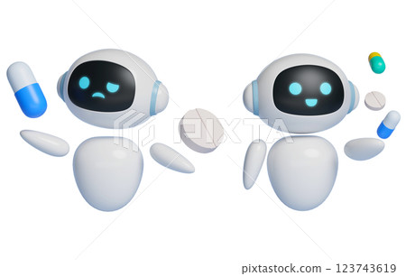 AI robot character 3D graphics floating pill in the air 123743619