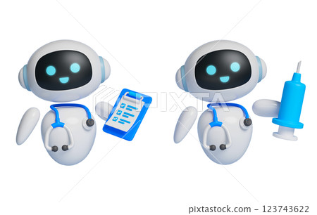 3D graphics of AI robot character holding stethoscope and syringe 3D graphics of AI robot character holding stethoscope and syringe 123743622