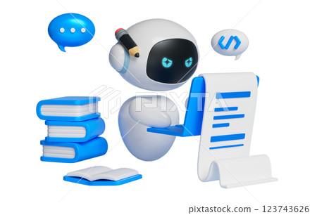 AI robot character writing on laptop 3D graphics 123743626