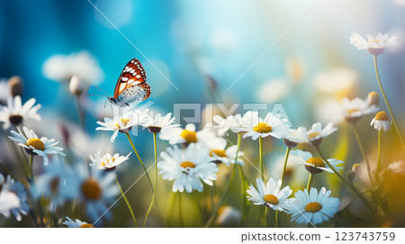 flower chamomile daisy natural landscape banner. Chamomile flower field. flower chamomile daisy natural landscape banner. Chamomile flower field. 123743759