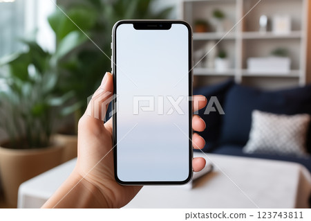 hand holding phone with isolated screen in room house. cell phone blank white screen mockup. 123743811