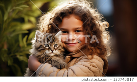 Girl holding cat. Little girl hugging with brown cat 123743817