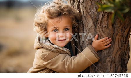 young kid hugging a tree in the forest 123743818