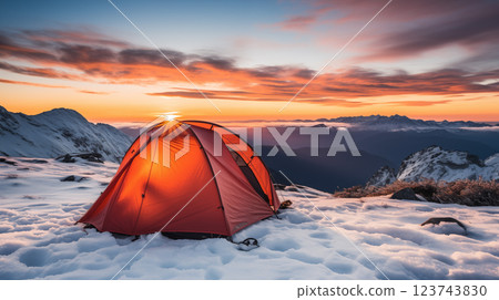 Tent on a snowy mountain. Mountains at sunrise 123743830