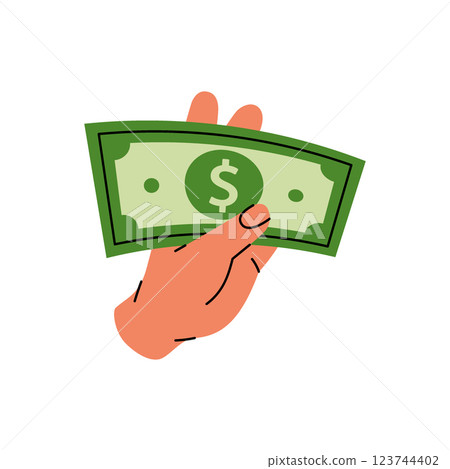 A hand holding a green dollar bill. Money investment and business commerce. Vector illustration. A hand holding a green dollar bill. Money investment and business commerce. Vector illustration. 123744402