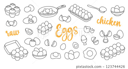 Chicken eggs outline set. Raw and boiled eggs, broken and whole eggshells, protein and yolk, omelette. Organic farm product. Vector illustration. Chicken eggs outline set. Raw and boiled eggs, broken and whole eggshells, protein and yolk, omelette. Organic farm product. Vector illustration. 123744426