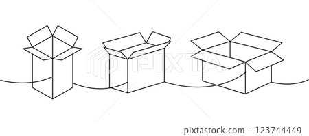 Packaging boxes one line continuous drawing. Carton delivery boxes. Vector illustration. Packaging boxes one line continuous drawing. Carton delivery boxes. Vector illustration. 123744449