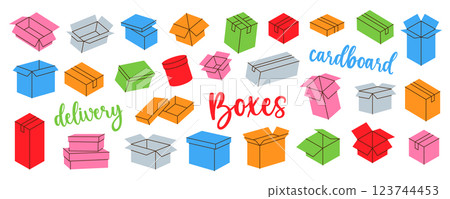 Set of cardboard boxes. Delivery packaging boxes. Present gift boxes. Vector illustration. 123744453