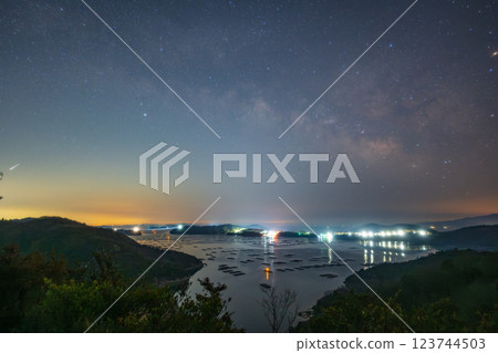 Spring Milky Way floating over Mushiage Bay in Setouchi City, Okayama Prefecture, Japan 123744503