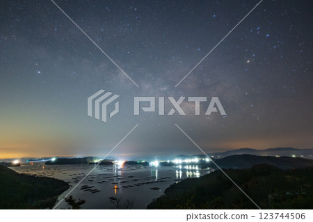 Spring Milky Way floating over Mushiage Bay in Setouchi City, Okayama Prefecture, Japan Spring Milky Way floating over Mushiage Bay in Setouchi City, Okayama Prefecture, Japan 123744506