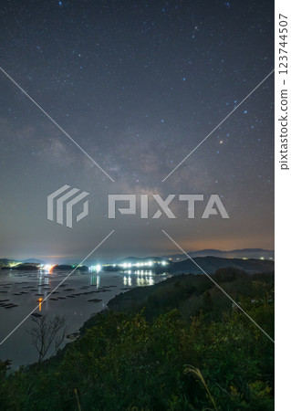 Spring Milky Way floating over Mushiage Bay in Setouchi City, Okayama Prefecture, Japan Spring Milky Way floating over Mushiage Bay in Setouchi City, Okayama Prefecture, Japan 123744507
