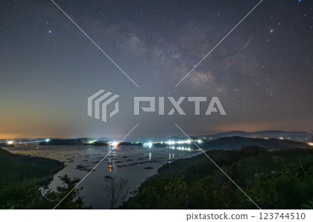 Spring Milky Way floating over Mushiage Bay in Setouchi City, Okayama Prefecture, Japan 123744510